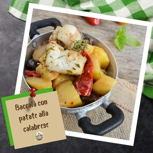 Grafica con all'interno foto della ricetta del Baccalà con patate alla calabrese